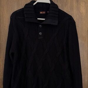 Izod Men's Black wool blend cable knit Sweater with shall Button Collar, size L